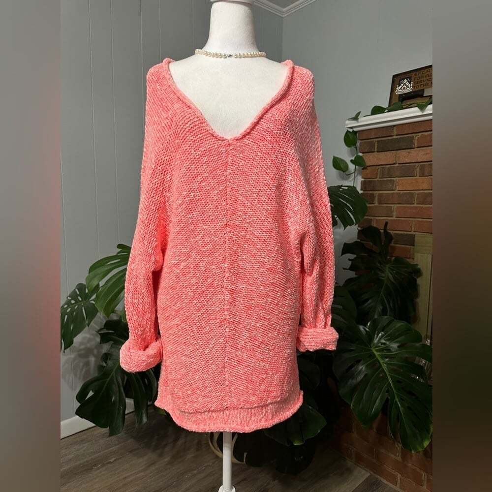 FREE PEOPLE Women's V-Neck Tunic Sweater Neon Flamingo